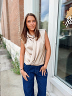 Taupe Satin Draped Wrap Blouse