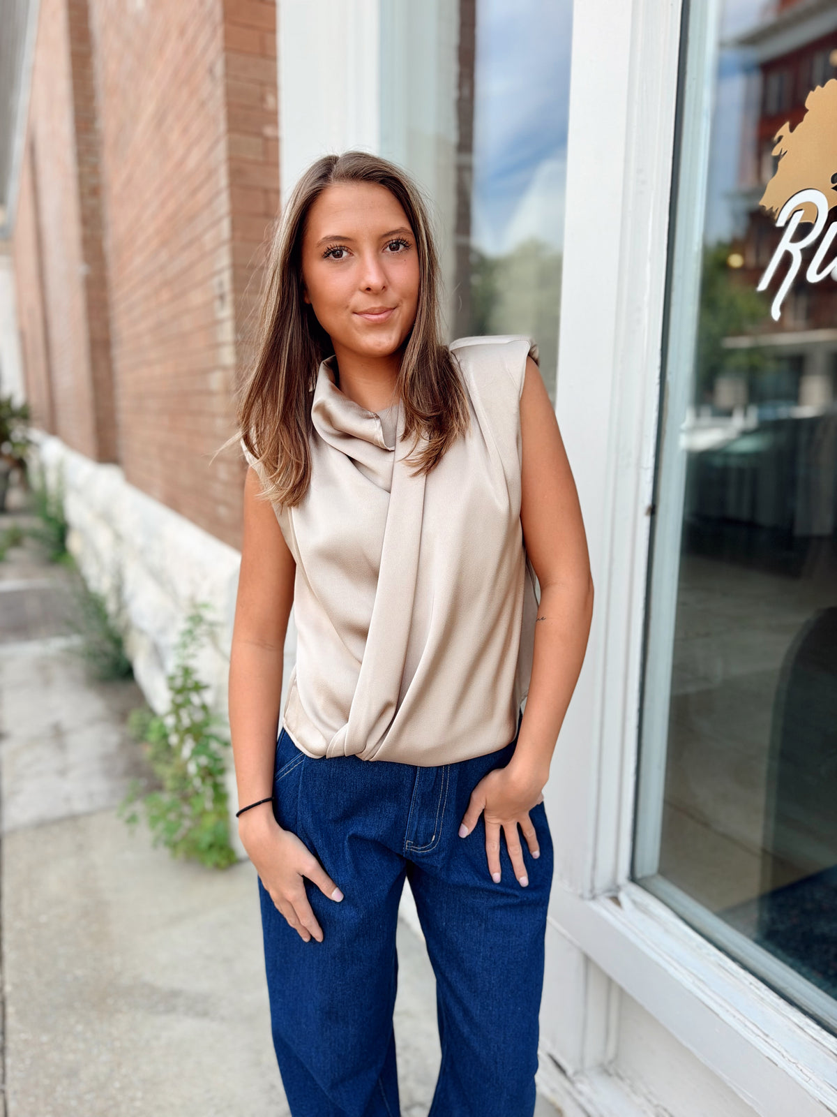 Taupe Satin Draped Wrap Blouse
