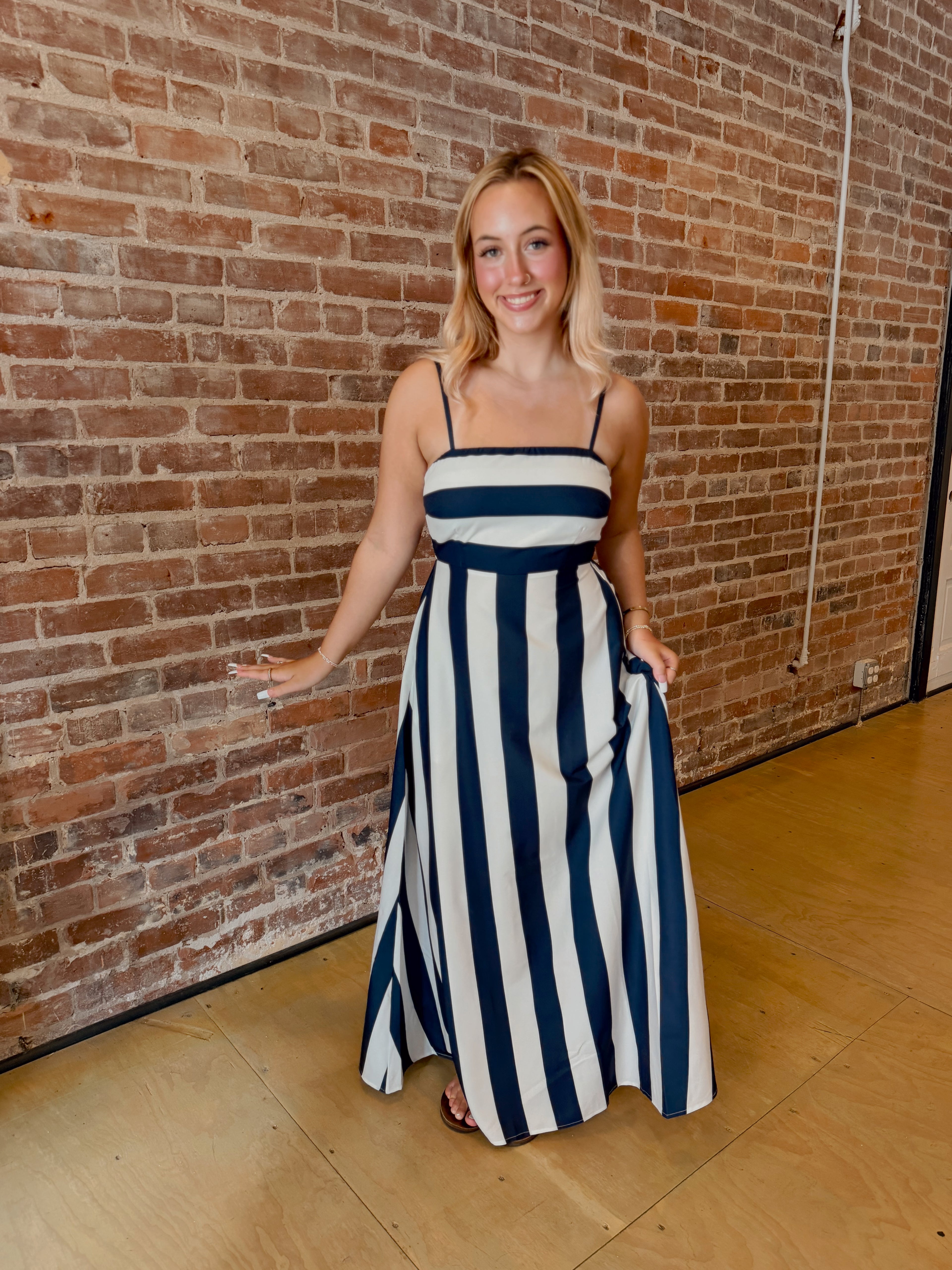 White & Navy Striped Maxi