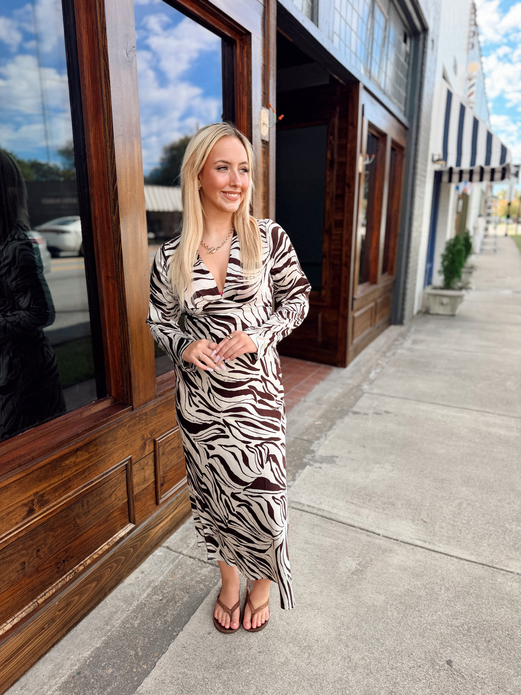 Zebra Print Deep V-neck Maxi Dress