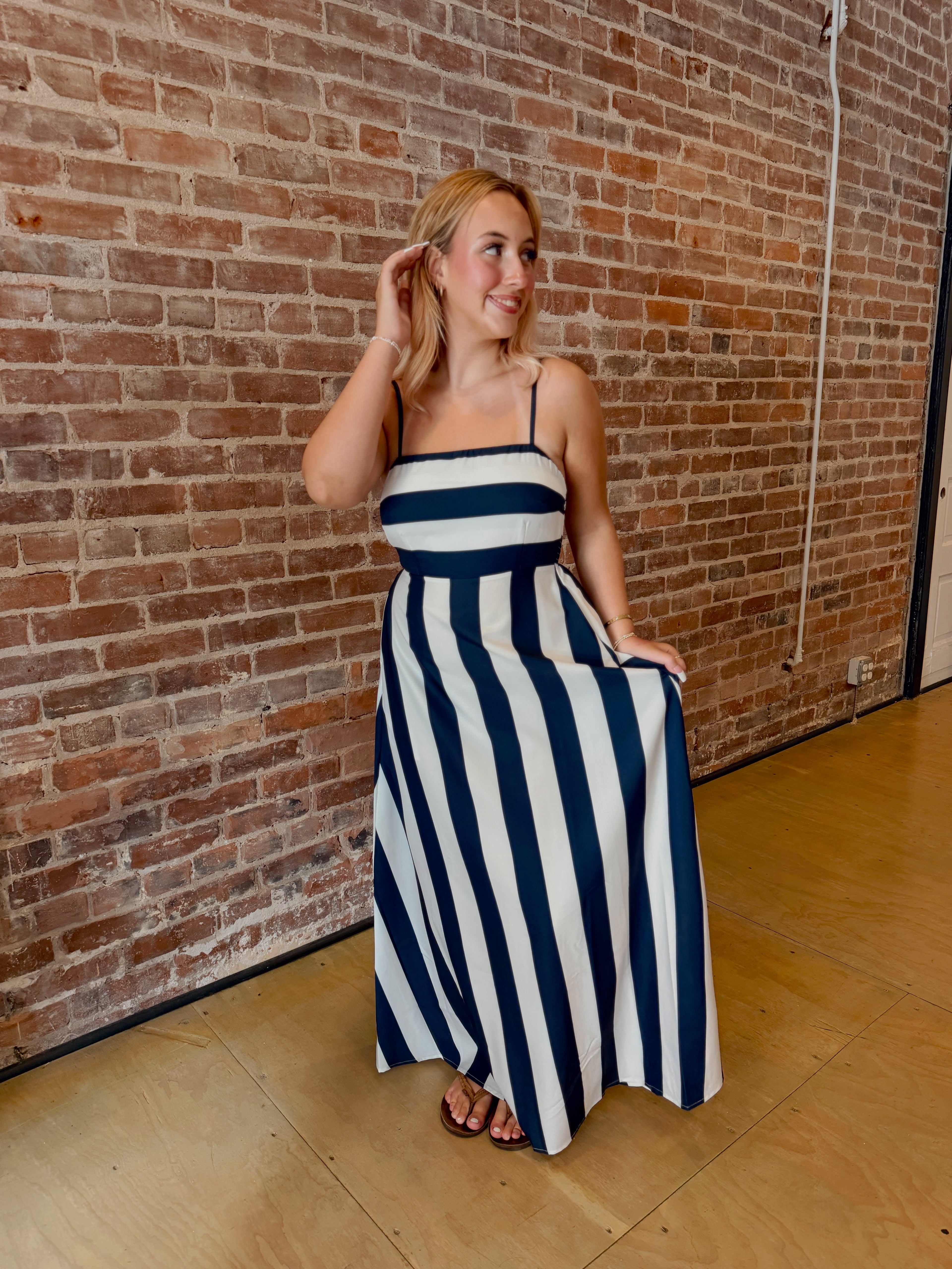 White & Navy Striped Maxi