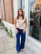 Taupe Satin Draped Wrap Blouse