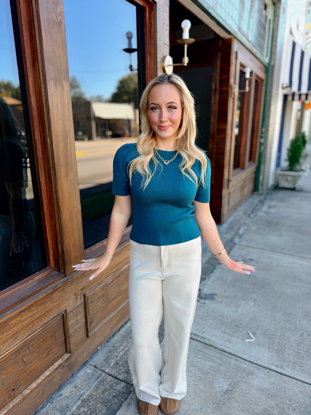 Teal Puff Sleeve Pullover Knit Top