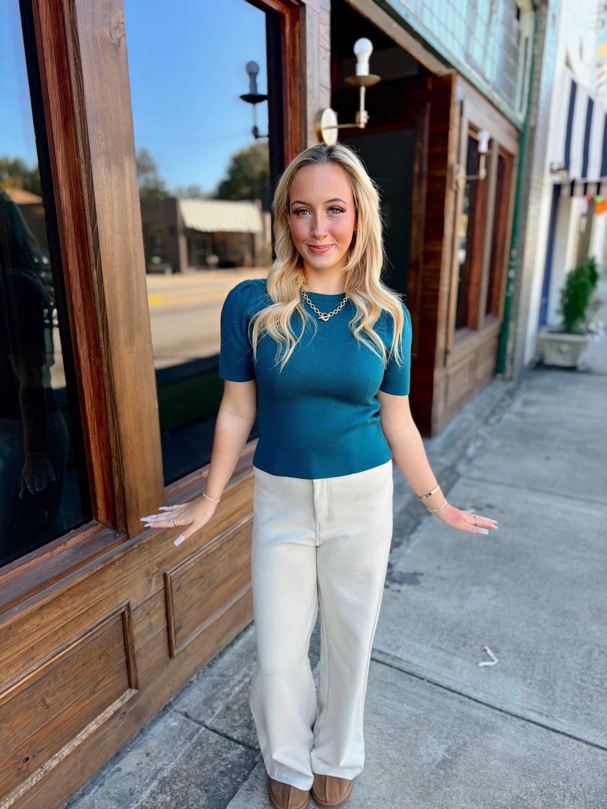 Teal Puff Sleeve Pullover Knit Top