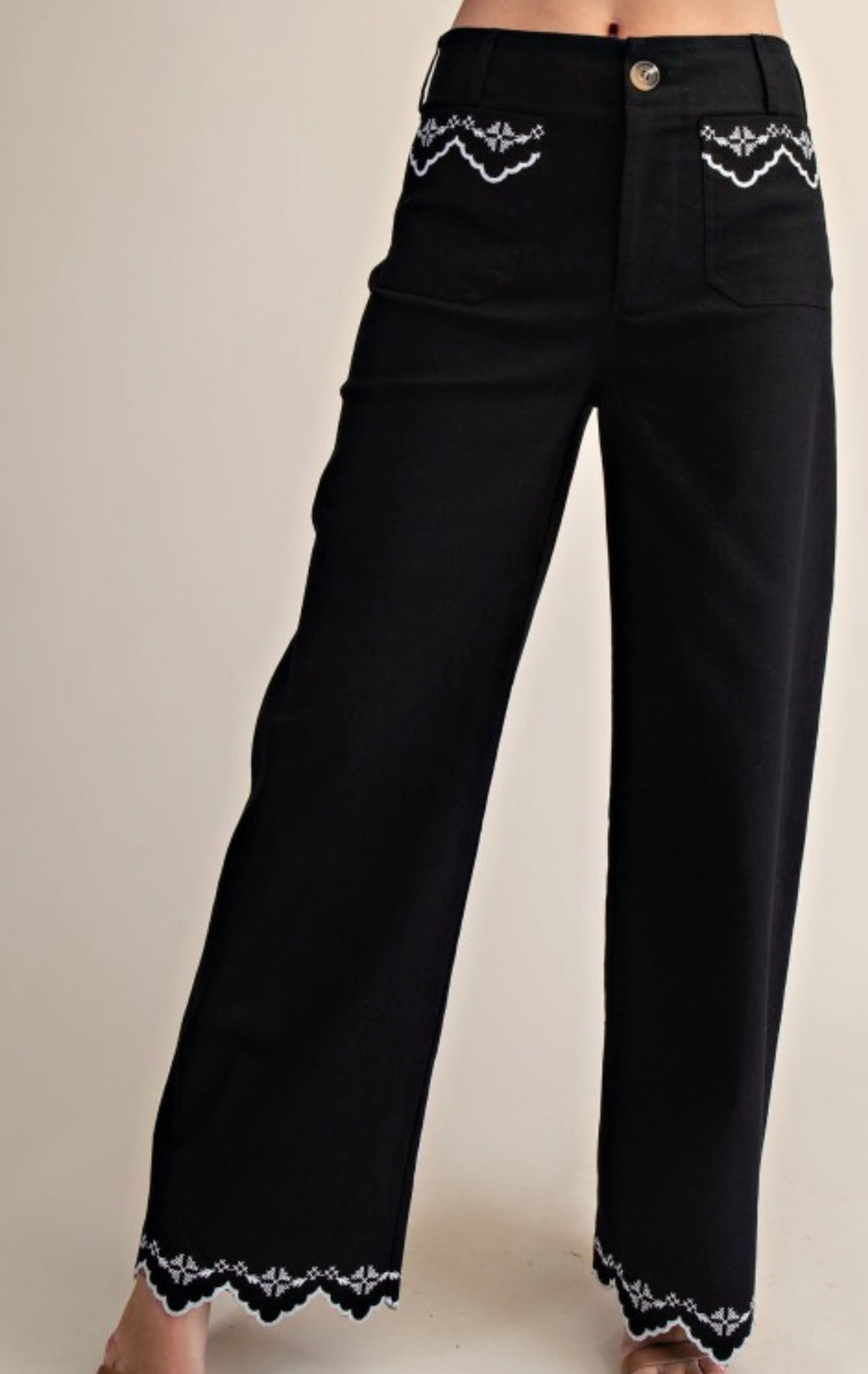 Embroidered Lace Trim Pants