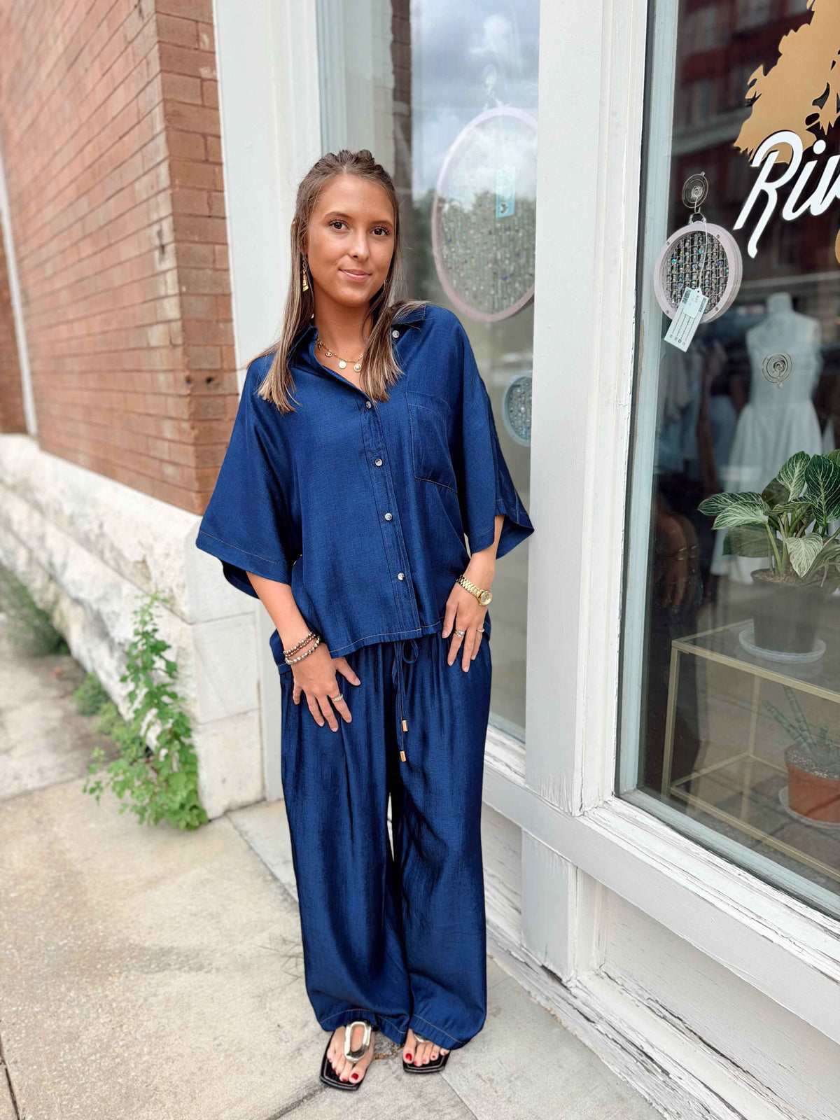 Drawstring Wide Leg Pants- Indigo
