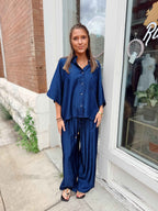 Drawstring Wide Leg Pants- Indigo
