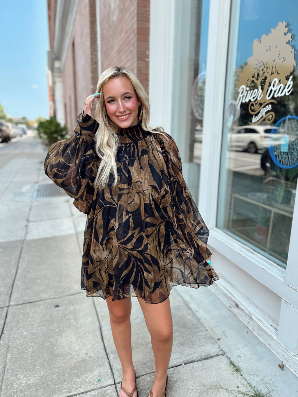 Black/Brown Floral High Neck Dress