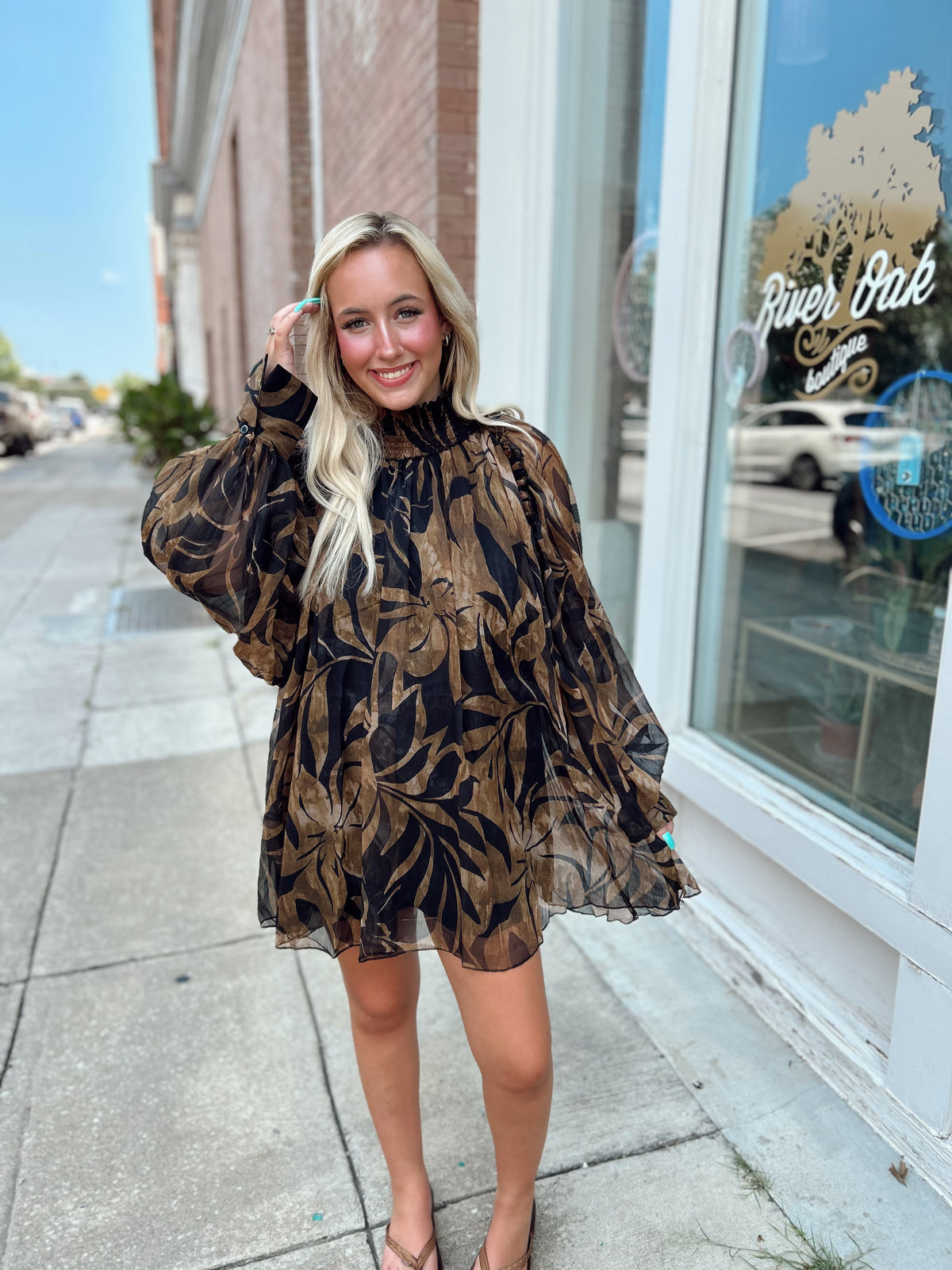 Black/Brown Floral High Neck Dress