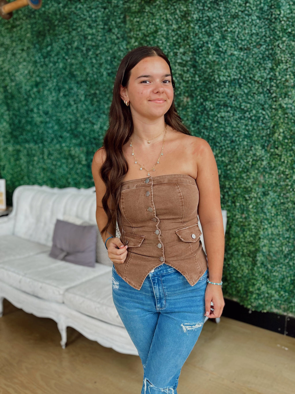 Brown Button Up Denim Corset Top