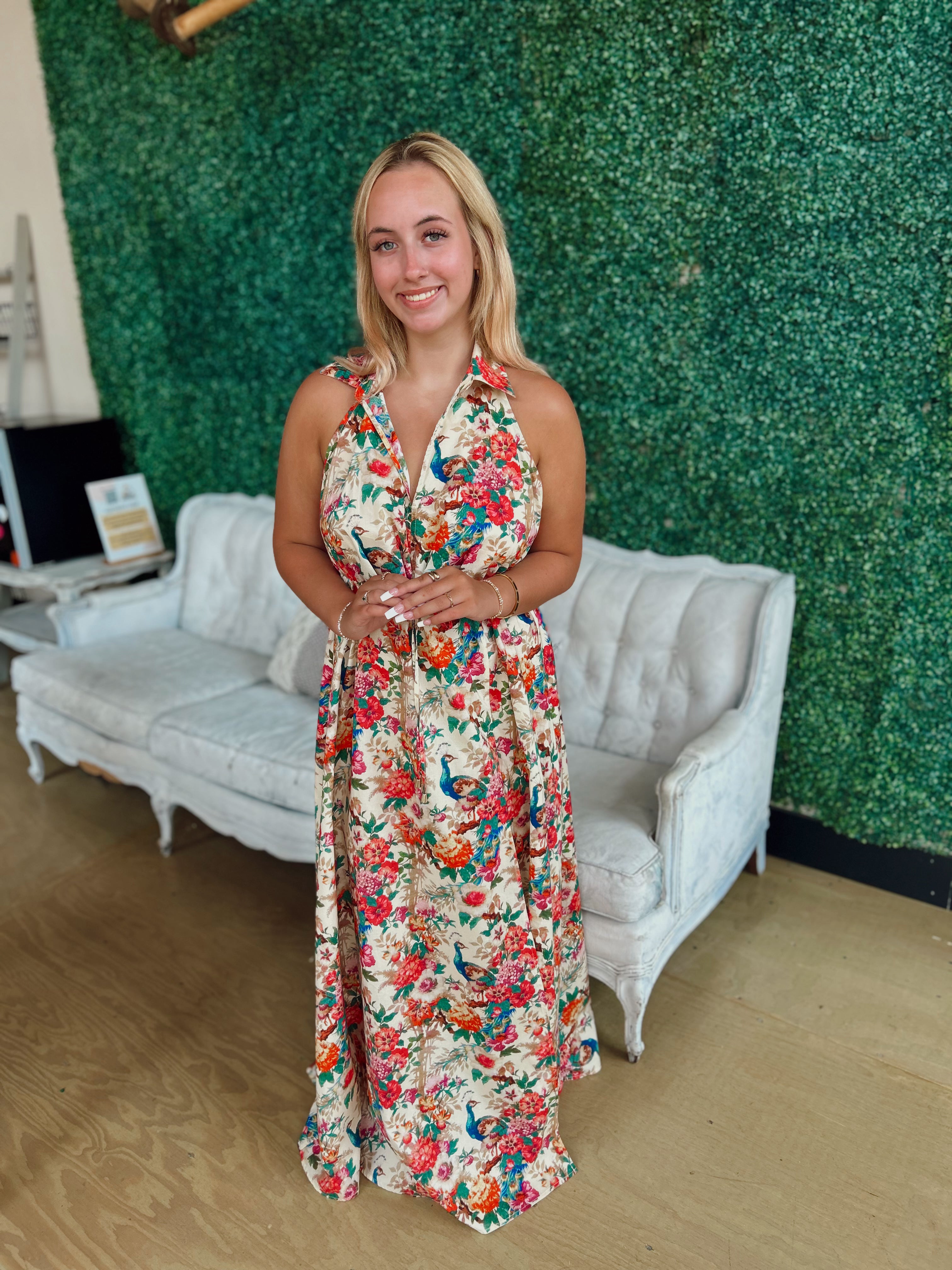 Vibrant Floral Backless Maxi Dress