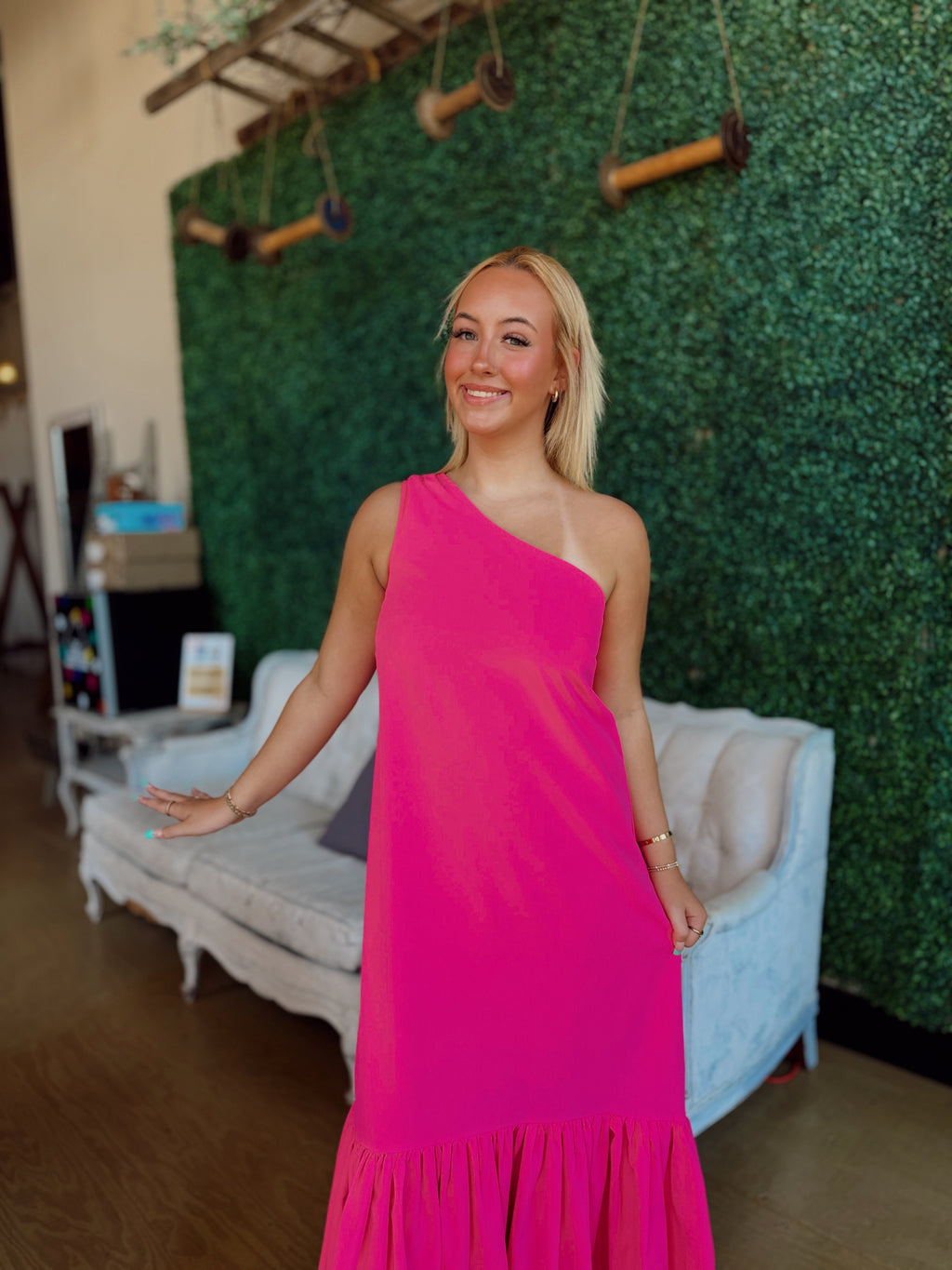 Asymmetrical One Shoulder Maxi- Pink