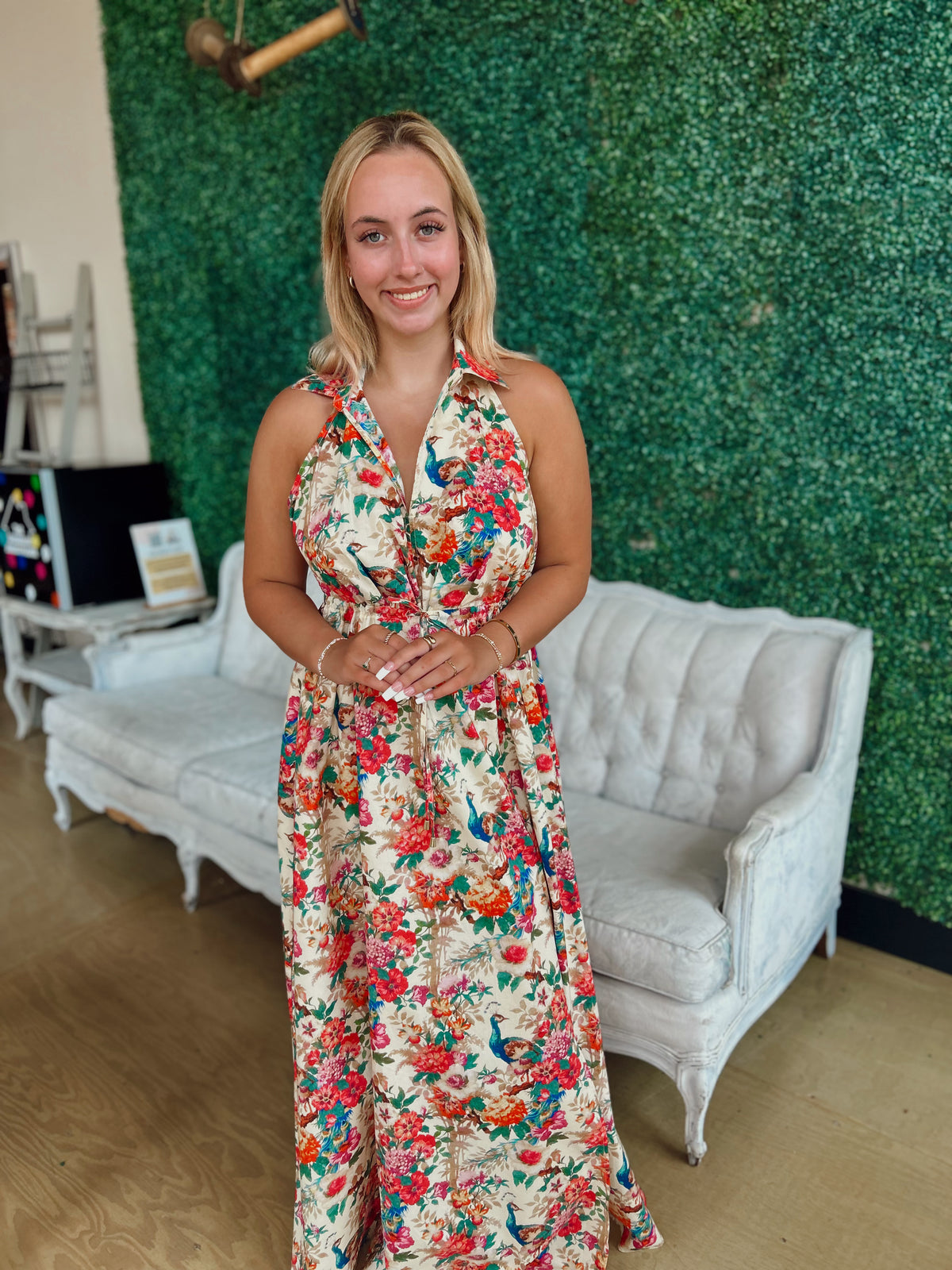 Vibrant Floral Backless Maxi Dress