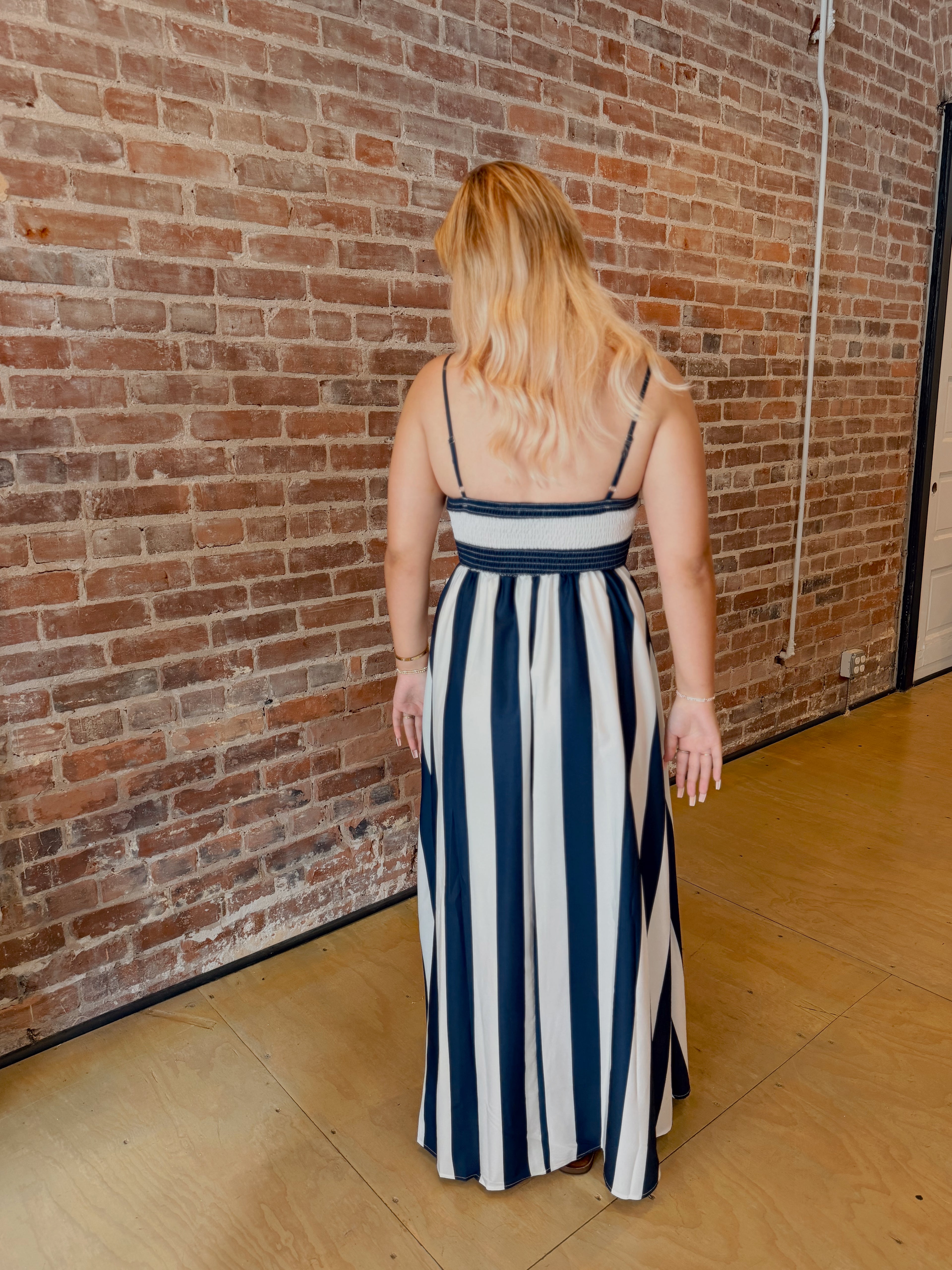 White & Navy Striped Maxi
