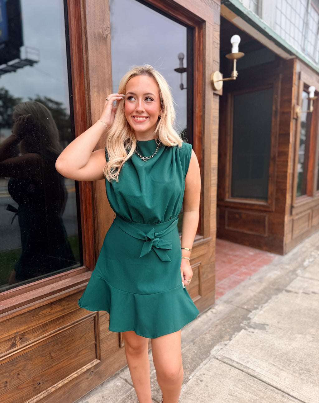 Cowl Neck Sleeveless Waist Tie Mini Dress- Hunter Green