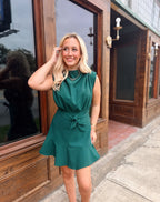 Cowl Neck Sleeveless Waist Tie Mini Dress- Hunter Green
