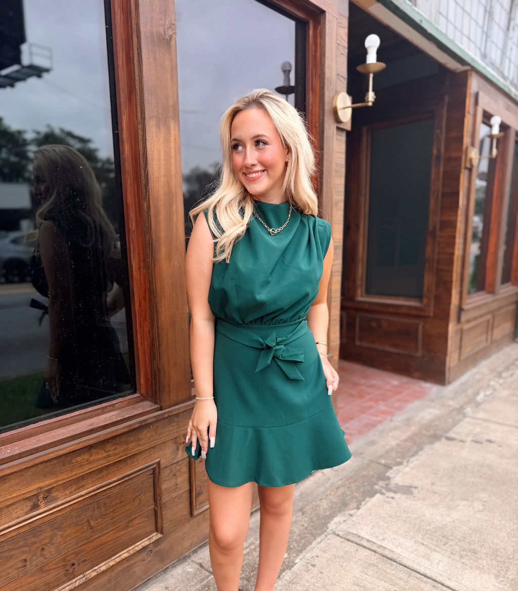 Cowl Neck Sleeveless Waist Tie Mini Dress- Hunter Green