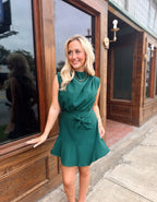 Cowl Neck Sleeveless Waist Tie Mini Dress- Hunter Green