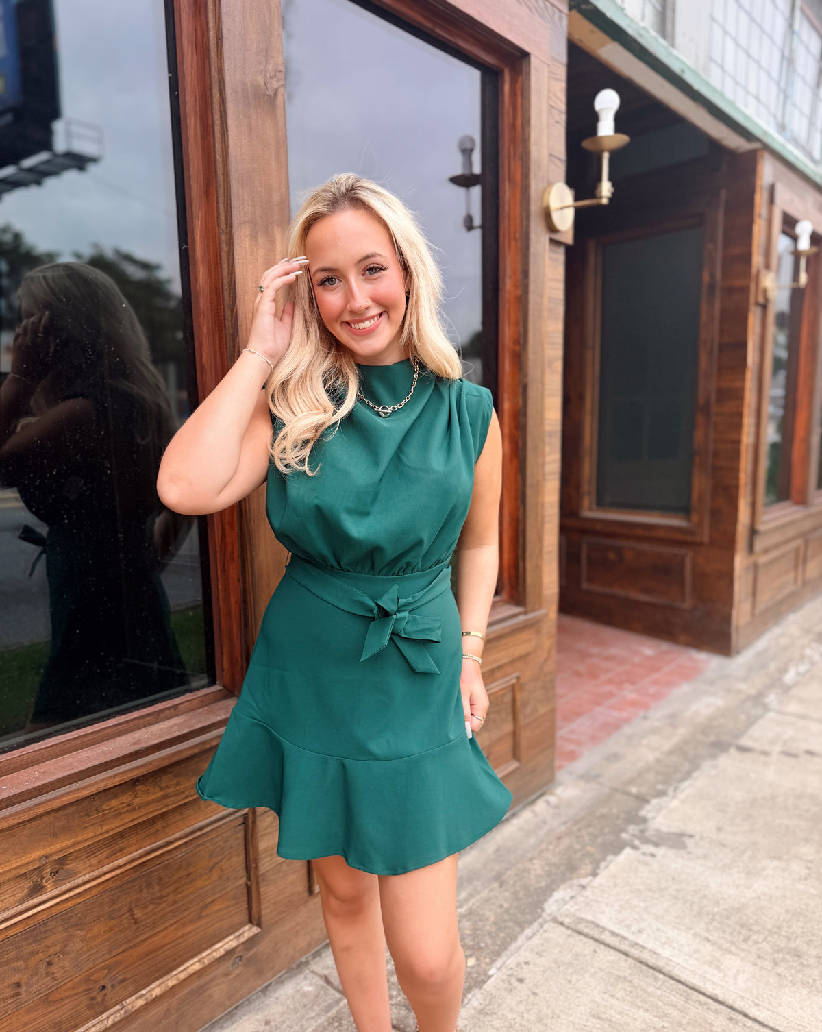 Cowl Neck Sleeveless Waist Tie Mini Dress- Hunter Green