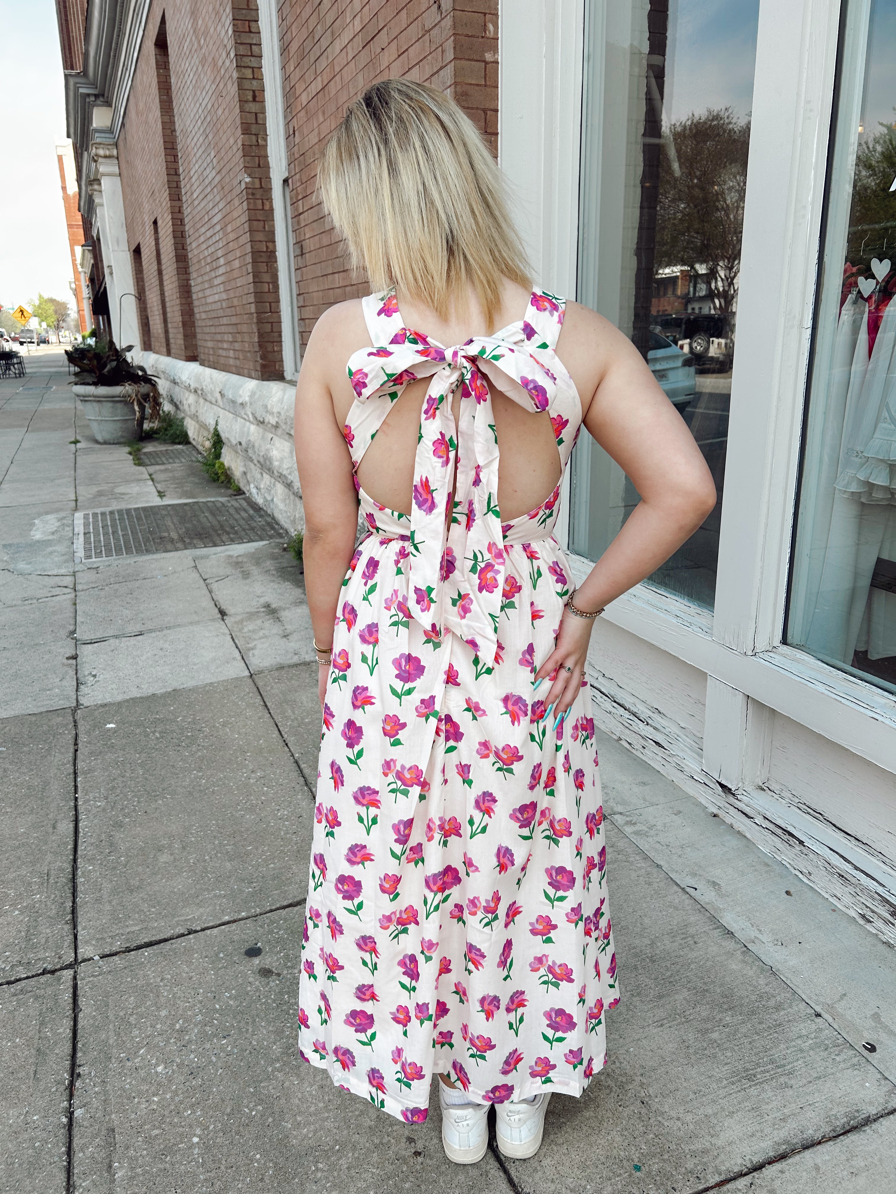 Floral Bow Back Bow Tie Detail Midi Dress