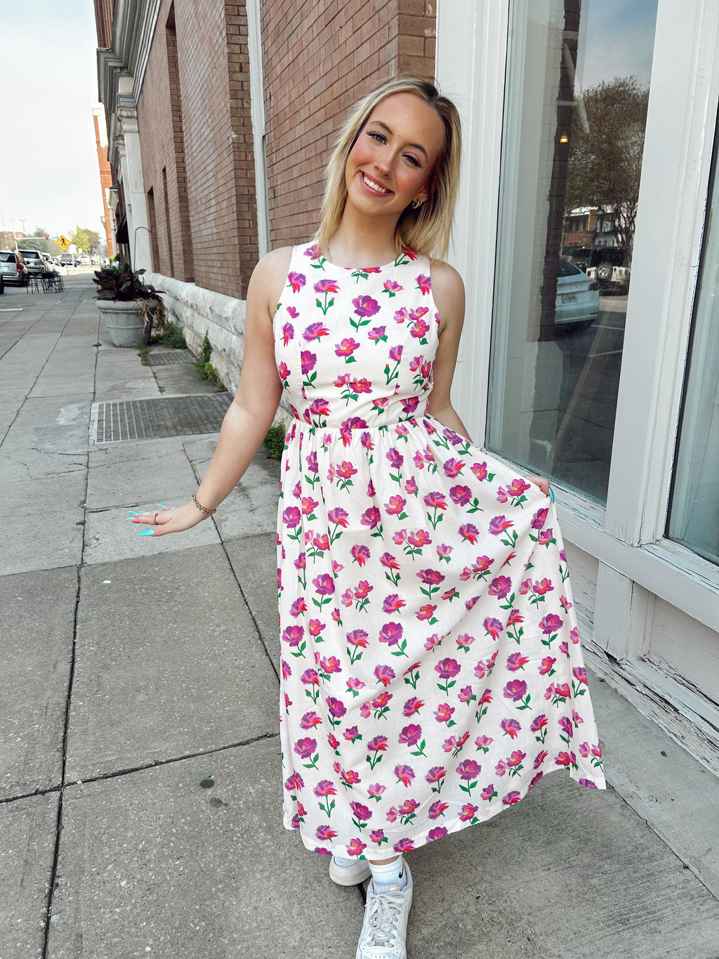 Floral Bow Back Bow Tie Detail Midi Dress