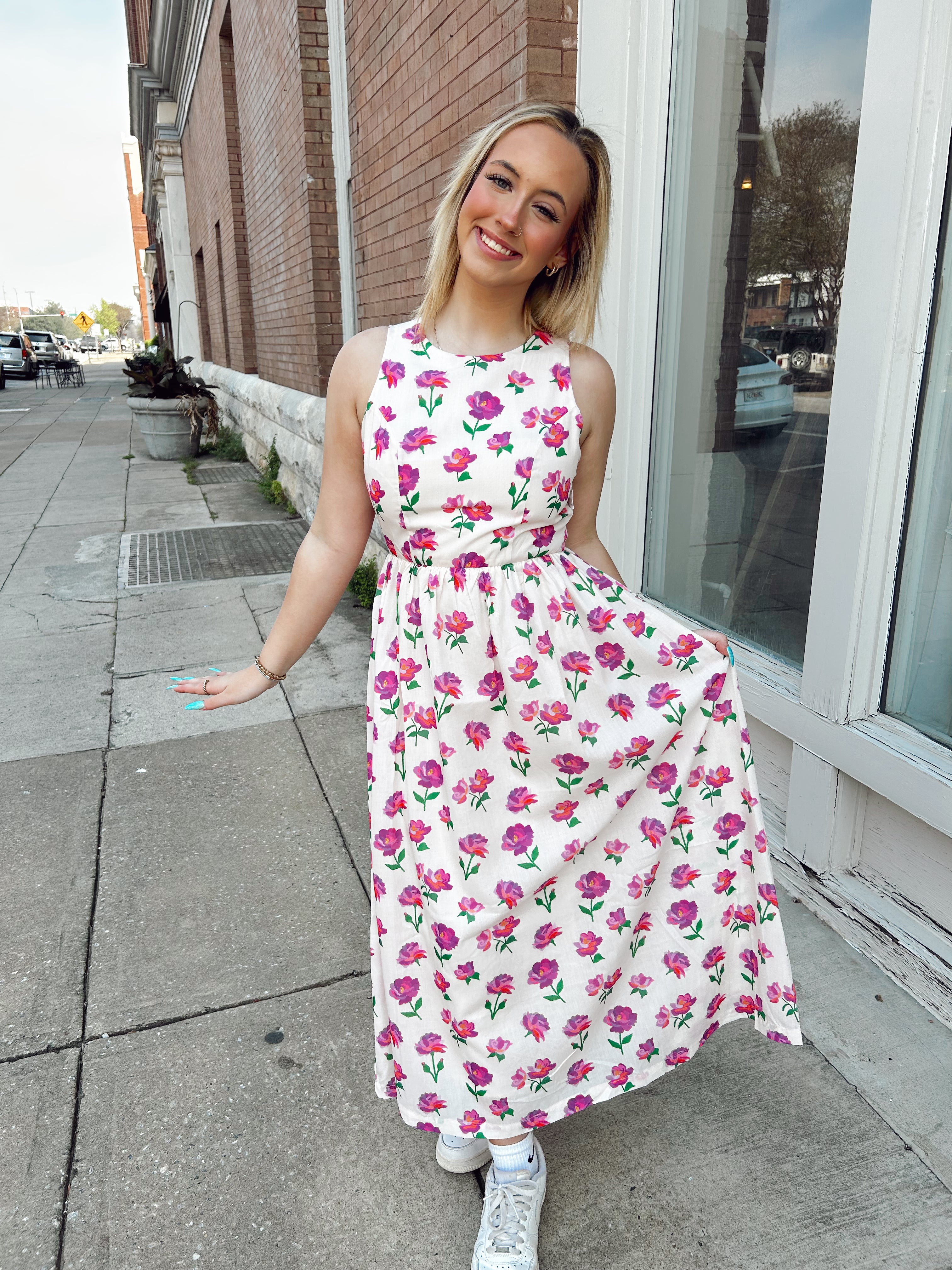 Floral Bow Back Bow Tie Detail Midi Dress