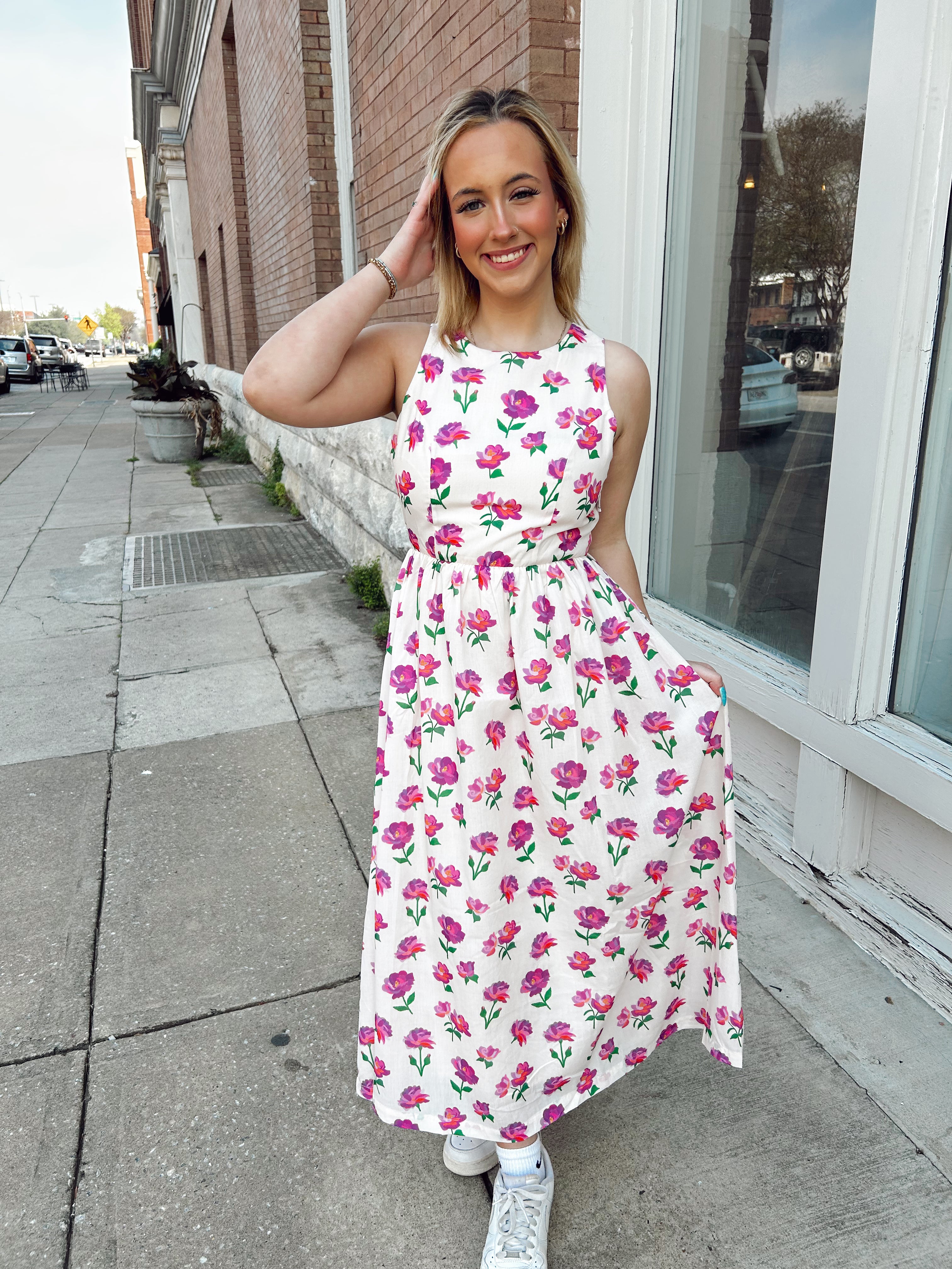 Floral Bow Back Bow Tie Detail Midi Dress