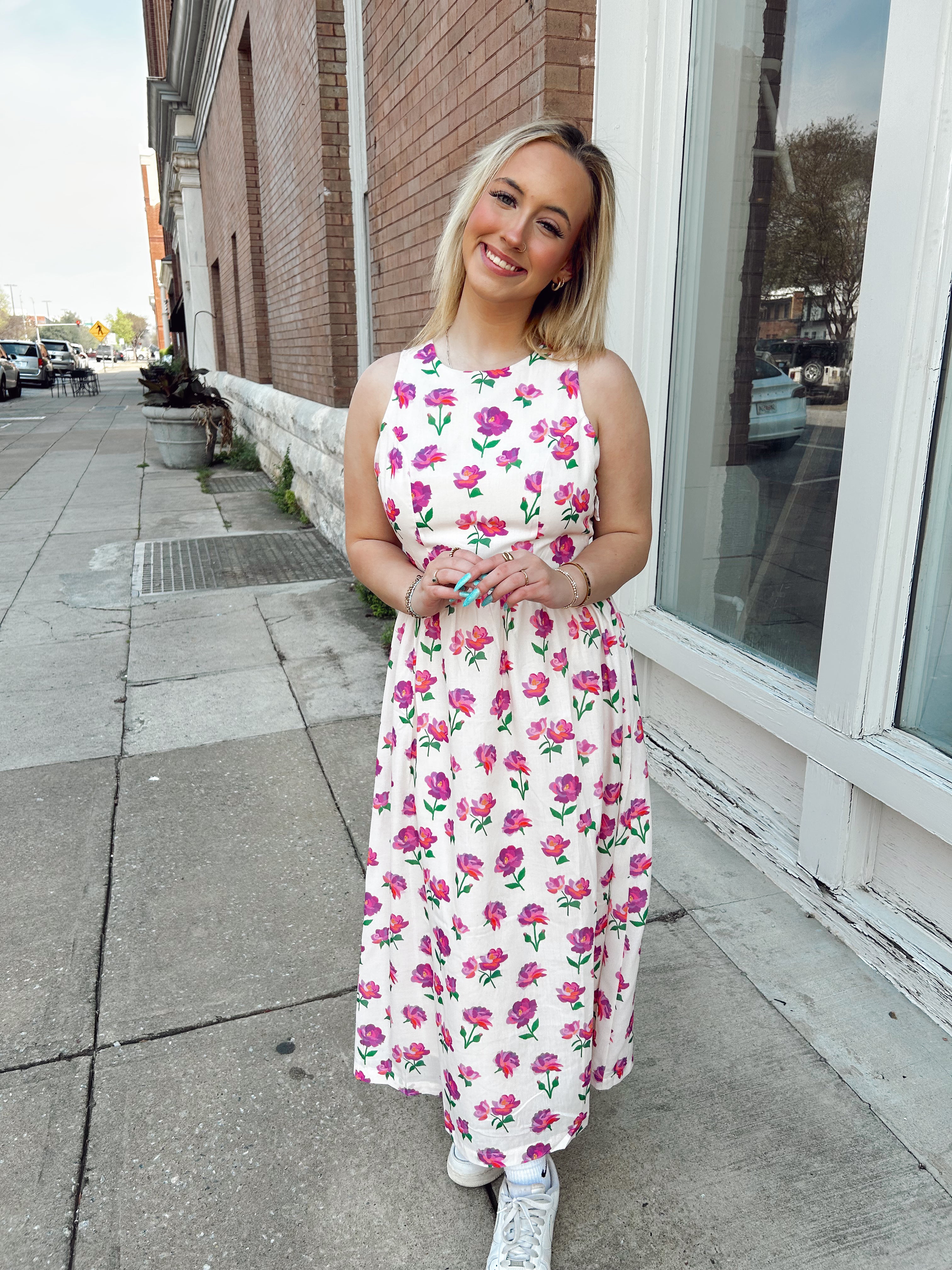 Floral Bow Back Bow Tie Detail Midi Dress