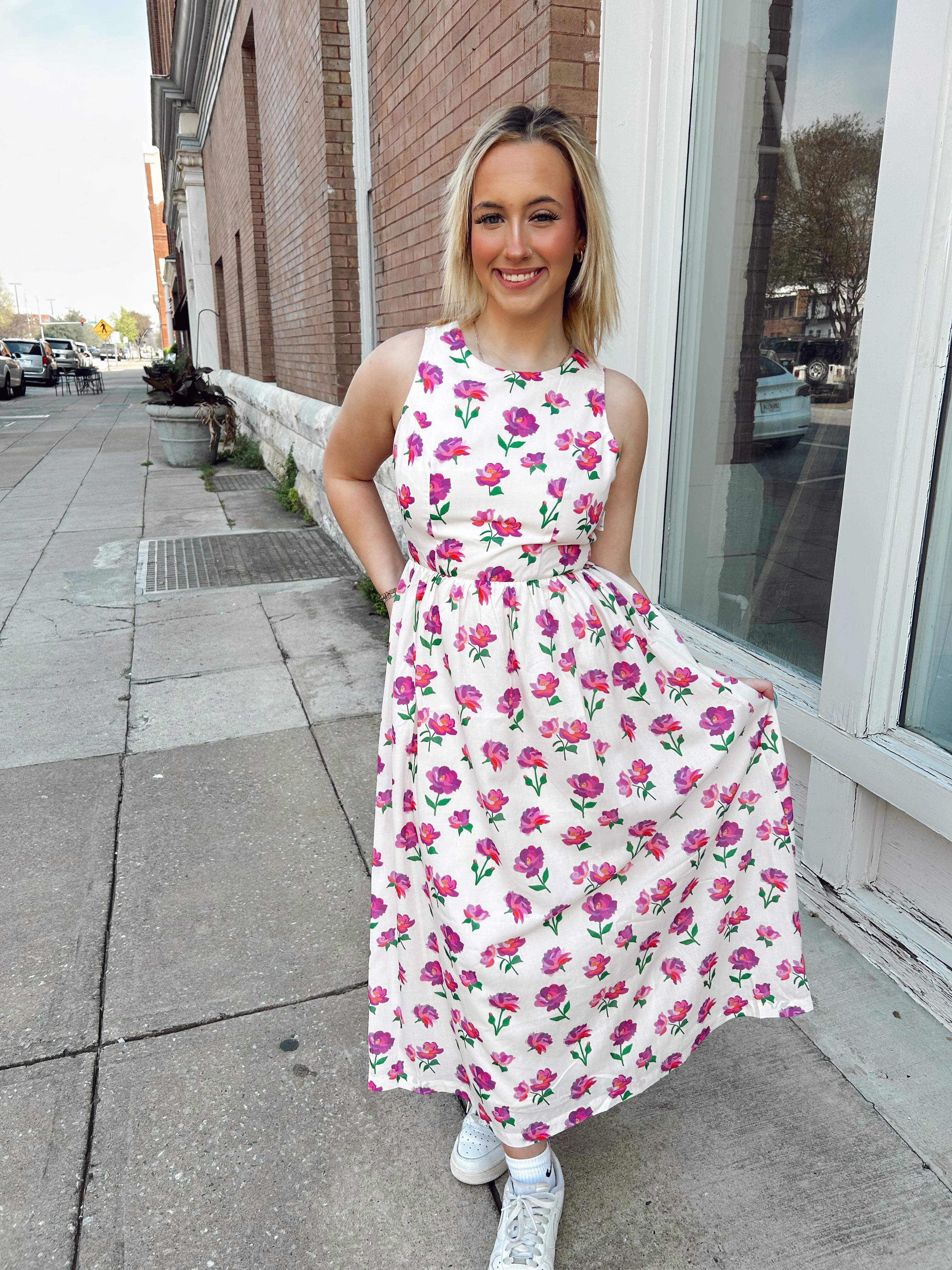 Floral Bow Back Bow Tie Detail Midi Dress