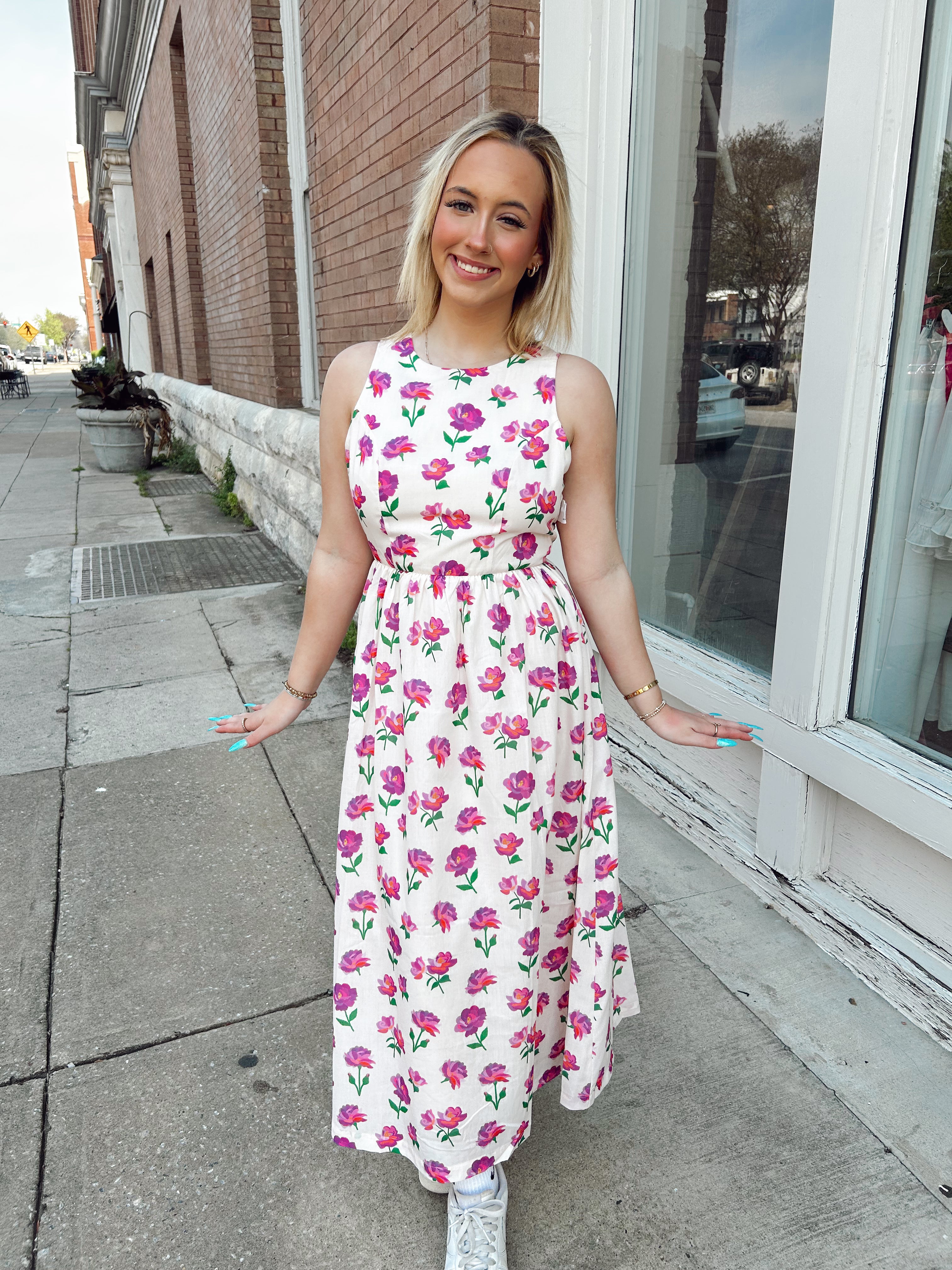 Floral Bow Back Bow Tie Detail Midi Dress